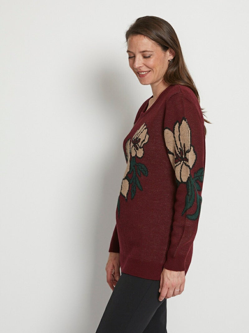 Pull jacquard floral col rond Bordeaux - Kiabi
