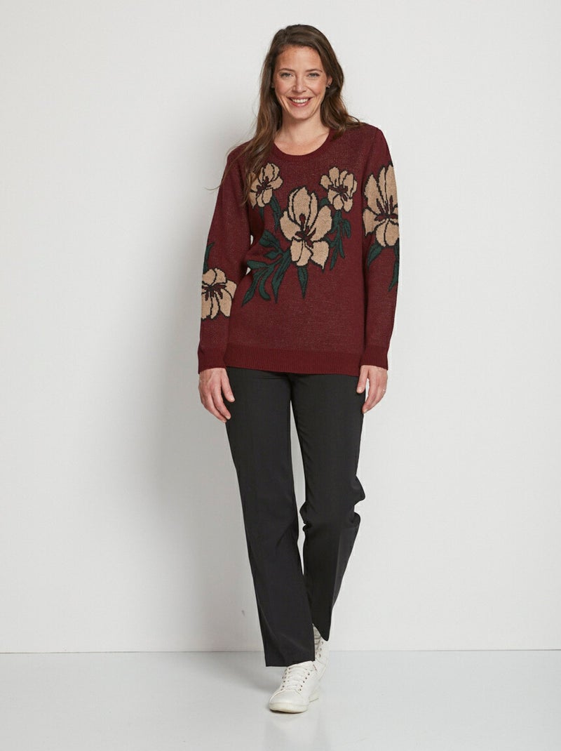 Pull jacquard floral col rond Bordeaux - Kiabi