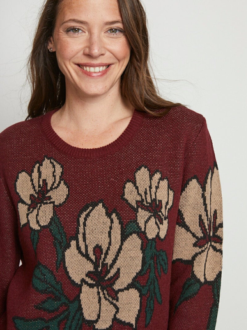 Pull jacquard floral col rond Bordeaux - Kiabi