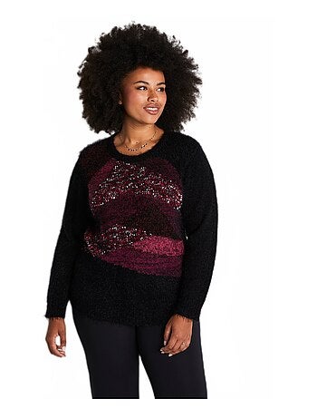 Pull jacquard maille poilue col rond