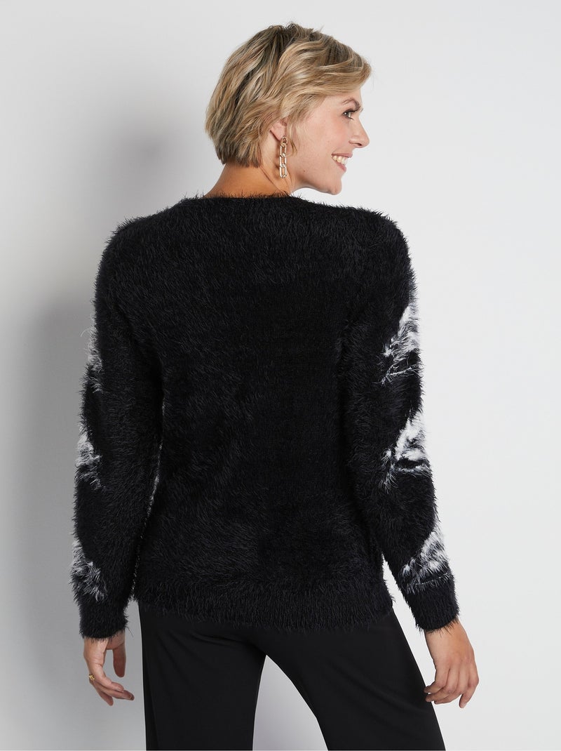 Pull jacquard maille poilue manches longues - Afibel Noir Beige - Kiabi