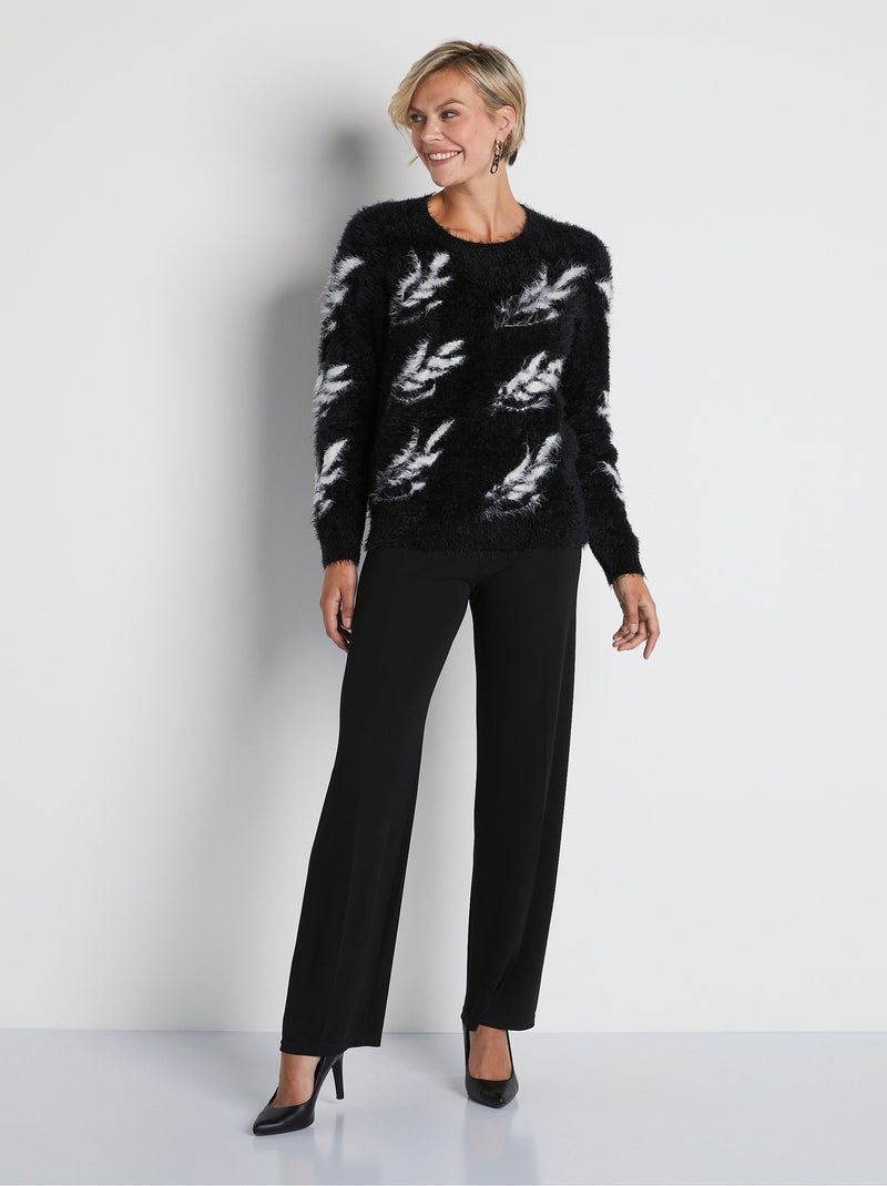 Pull jacquard maille poilue manches longues - Afibel Noir Beige - Kiabi