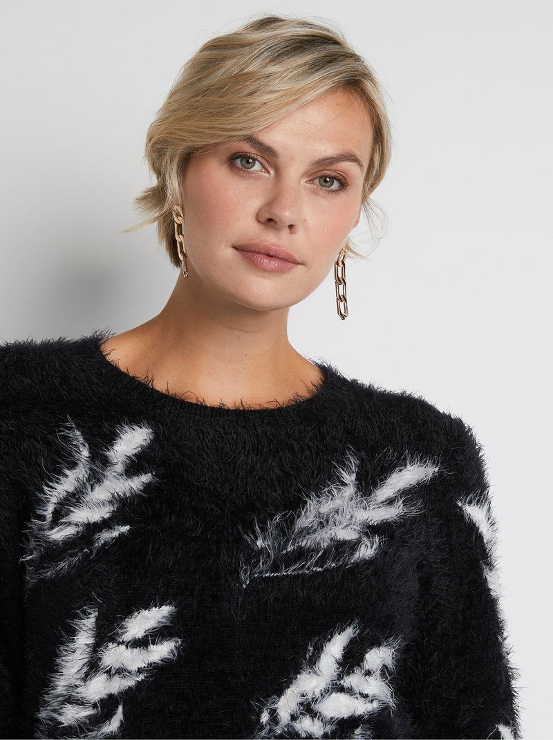 Pull jacquard maille poilue manches longues - Afibel Noir Beige - Kiabi