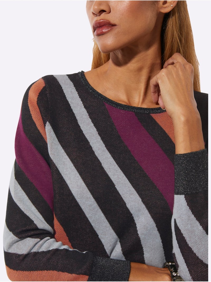 Pull Jacquard Mélange De Lin De Qualité - Taille Standard - Helline Noir Rose - Kiabi