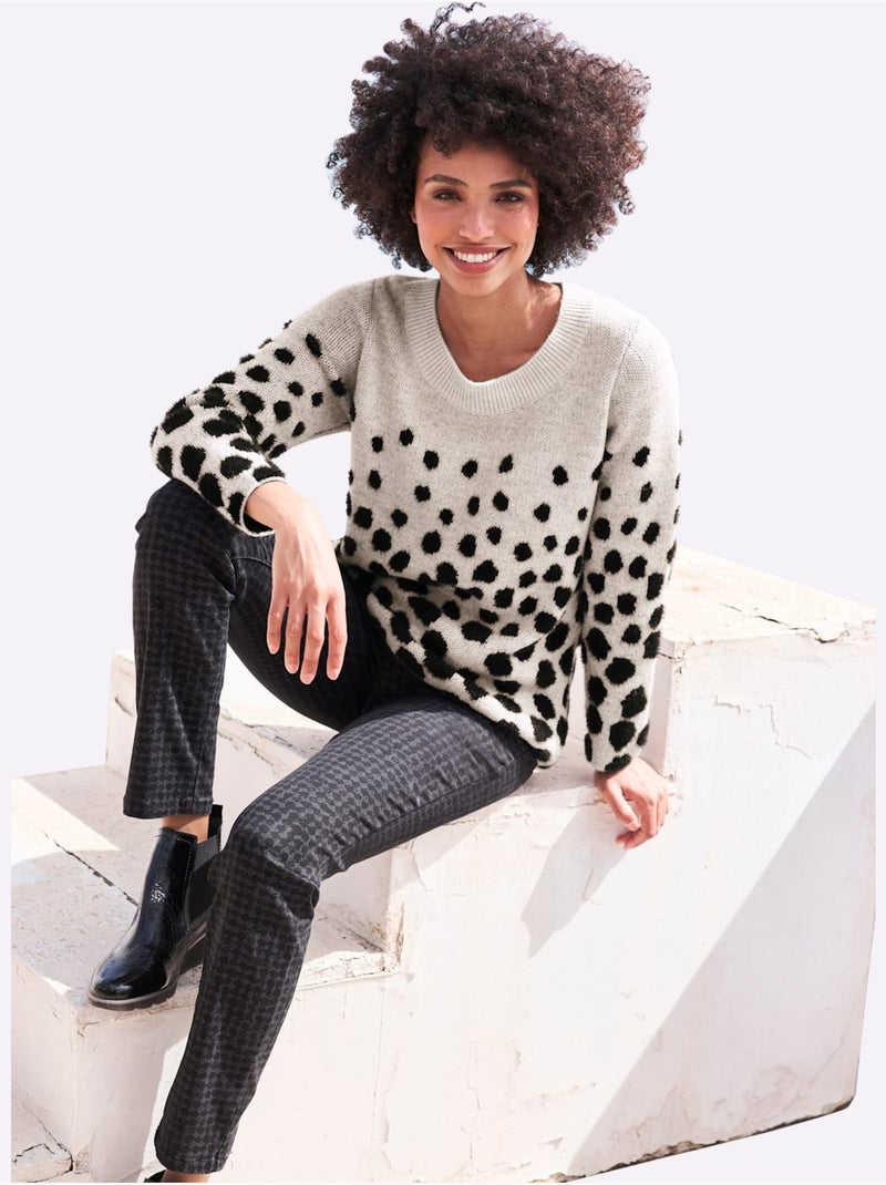 Pull Jacquard Motif à Pois Tendance - Taille Standard - Helline Beige/Noir - Kiabi