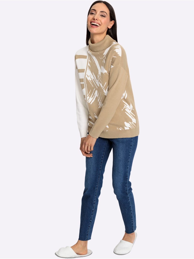 Pull Jacquard Motif Jacquard Original - Taille Standard - Helline Beige - Kiabi