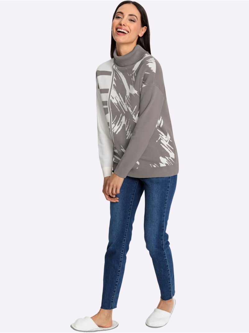 Pull jacquard motif jacquard original - taille standard - helline Gris Ecru - Kiabi