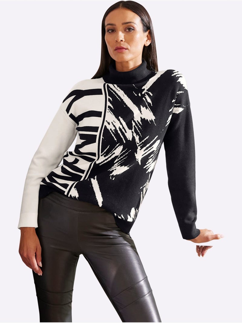 Pull Jacquard Motif Jacquard Original - Taille Standard - Helline Noir Ecru - Kiabi