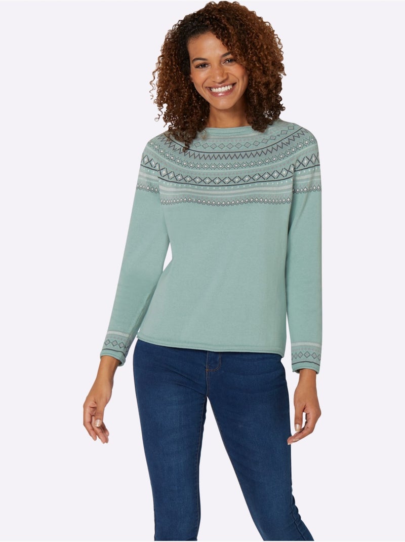Pull jacquard motif norvégien col rond et manches longues - taille standard - witt Menthe - Kiabi
