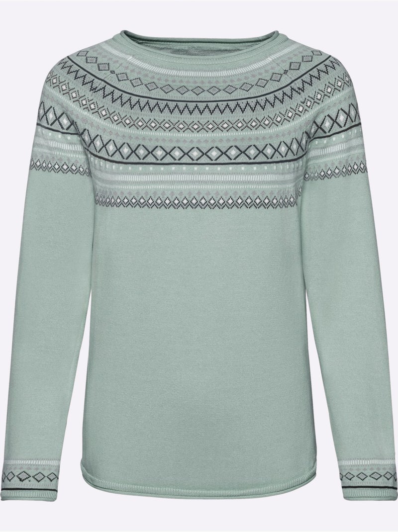 Pull jacquard motif norvégien col rond et manches longues - taille standard - witt Menthe - Kiabi