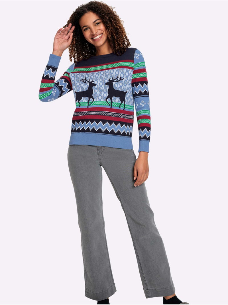 Pull Jacquard Pur Coton - Taille Standard - Witt Bleu marine - Kiabi