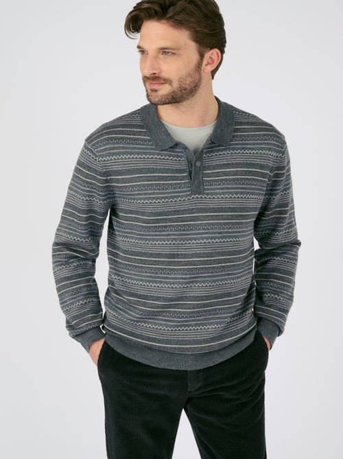 Pull jacquard rayé à col polo  - Damart - Kiabi