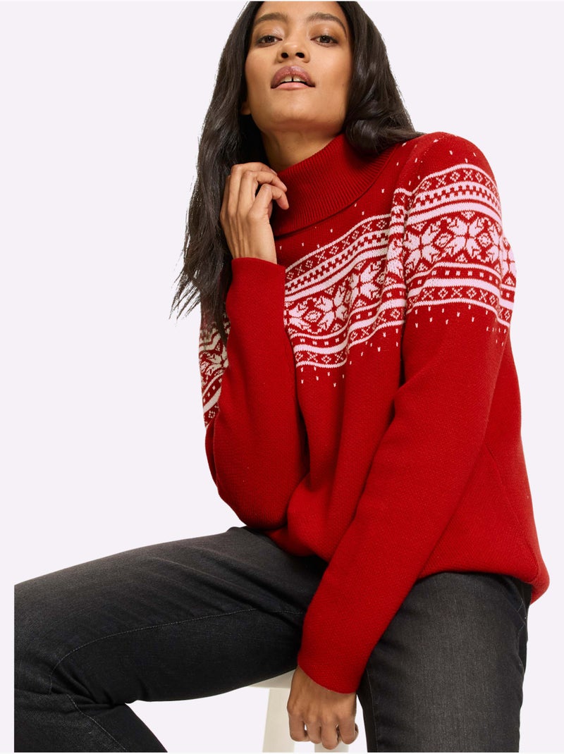 Pull Jacquard Superbe Motif Jacquard - Taille Standard - Helline Blanc Rouge - Kiabi