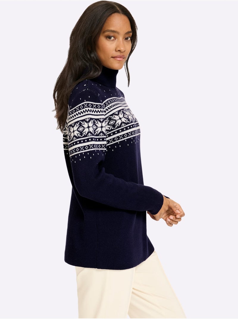 Pull Jacquard Superbe Motif Jacquard - Taille Standard - Helline Ecru/Marine - Kiabi