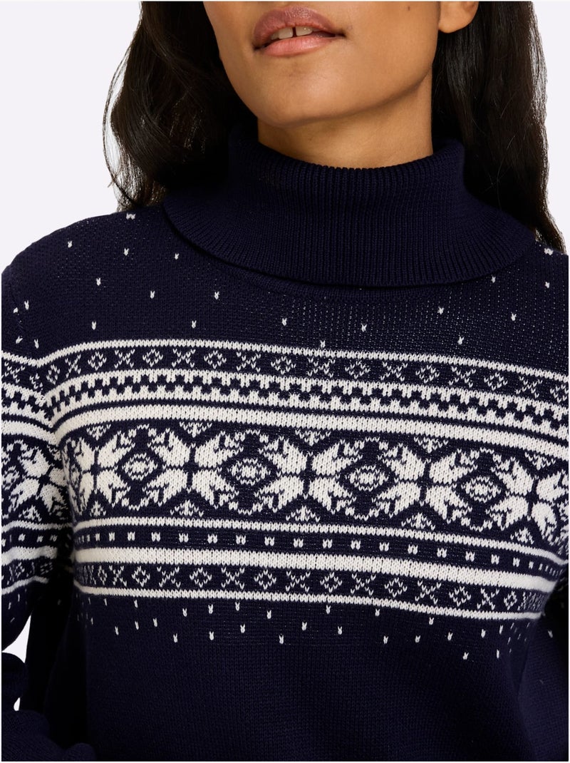 Pull Jacquard Superbe Motif Jacquard - Taille Standard - Helline Ecru/Marine - Kiabi