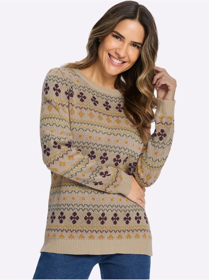 Pull Jacquard Superbe Motif Jacquard - Taille Standard - Moda Vilona Jaune / Violet - Kiabi
