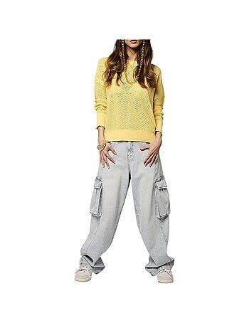 Pull jaune uni en maille ajourée à coupe oversize avec un col rond