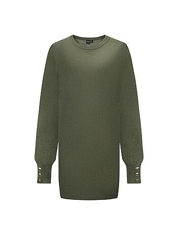 Pull kaki uni avec une coupe longue un col rond et des manches bouffantes