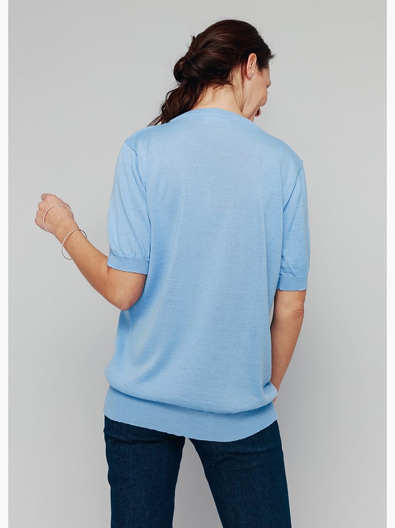 Pull laine mérinos chaud manches courtes - Afibel Bleu ciel - Kiabi