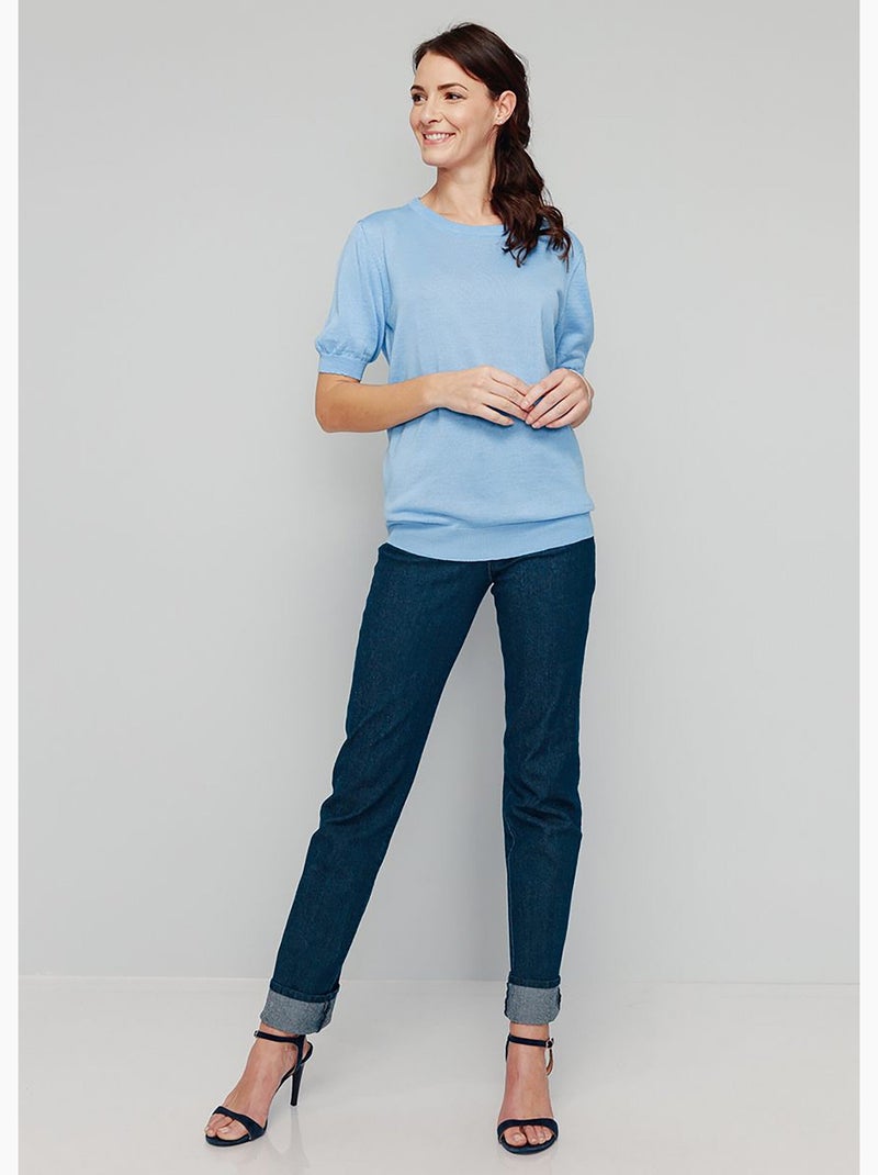 Pull laine mérinos chaud manches courtes - Afibel Bleu ciel - Kiabi