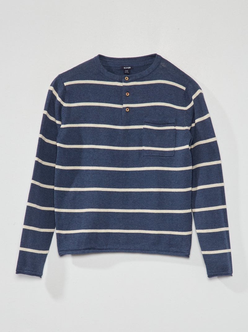 Pull léger à col tunisien Bleu - Kiabi