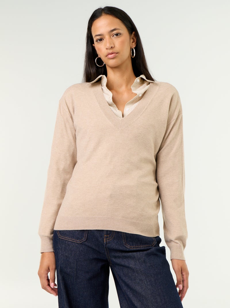 Pull léger à col V Beige - Kiabi