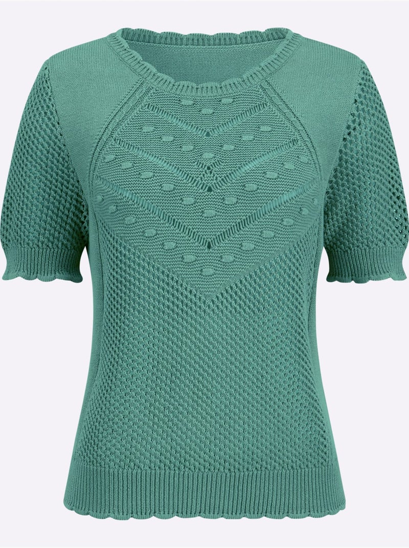 Pull léger à manches courtes avec tricot ajouré et motif structuré - Taille standard - Witt Vert Sauge - Kiabi