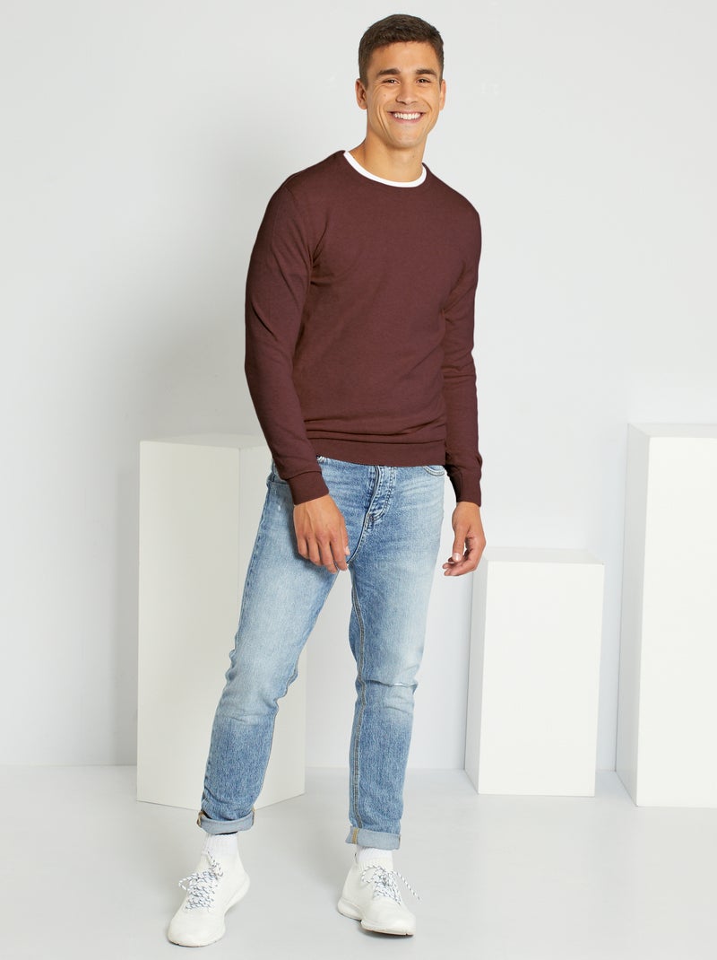 Pull léger col rond brun prune - Kiabi