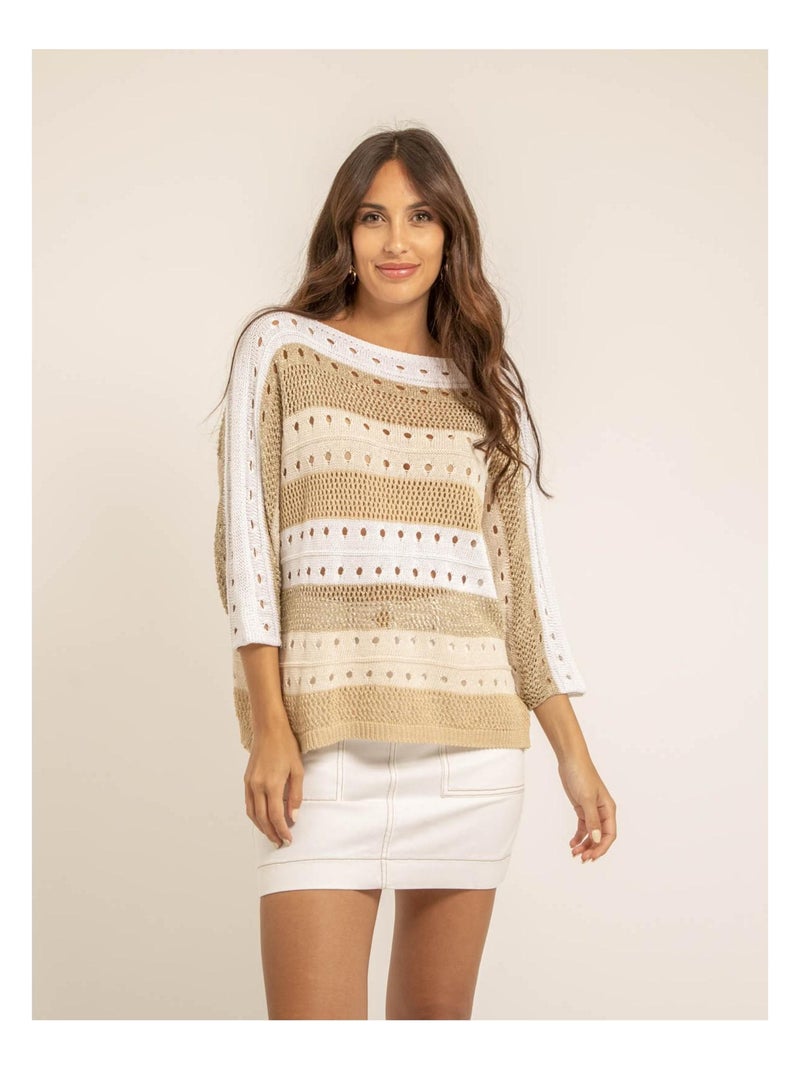 Pull léger maille ajourée KARLA Beige - Kiabi