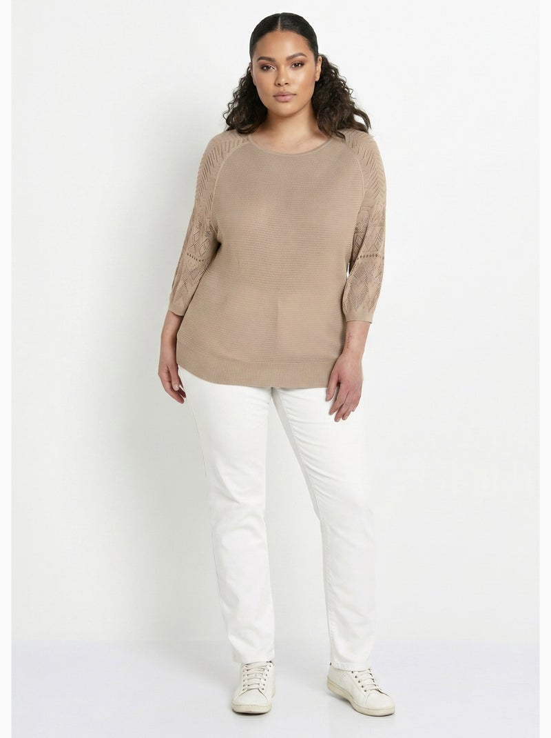 Pull léger manches 3/4 raglan col rond - Afibel Beige - Kiabi