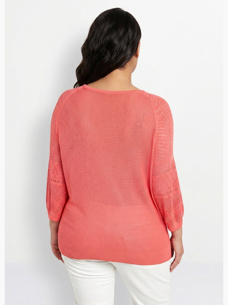 Pull léger manches 3/4 raglan col rond - Afibel Corail - Kiabi