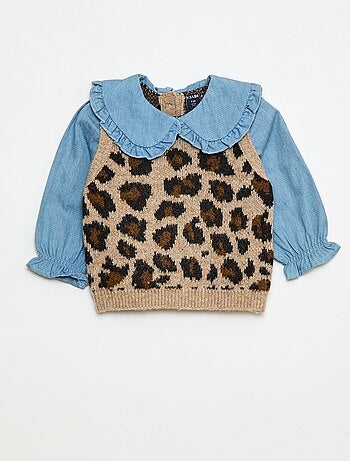 Pull léopard avec col claudine volanté