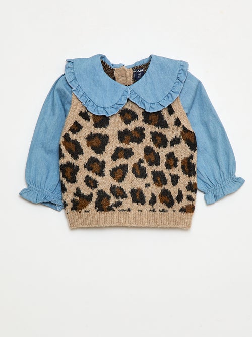 Pull léopard avec col claudine volanté - Kiabi