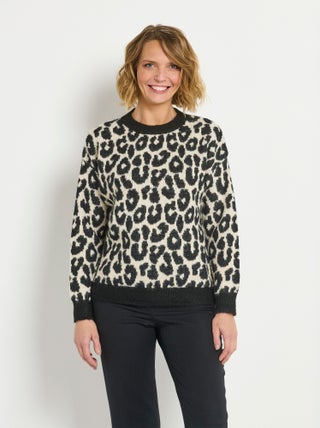 Pull léopard col rond chaud avec laine