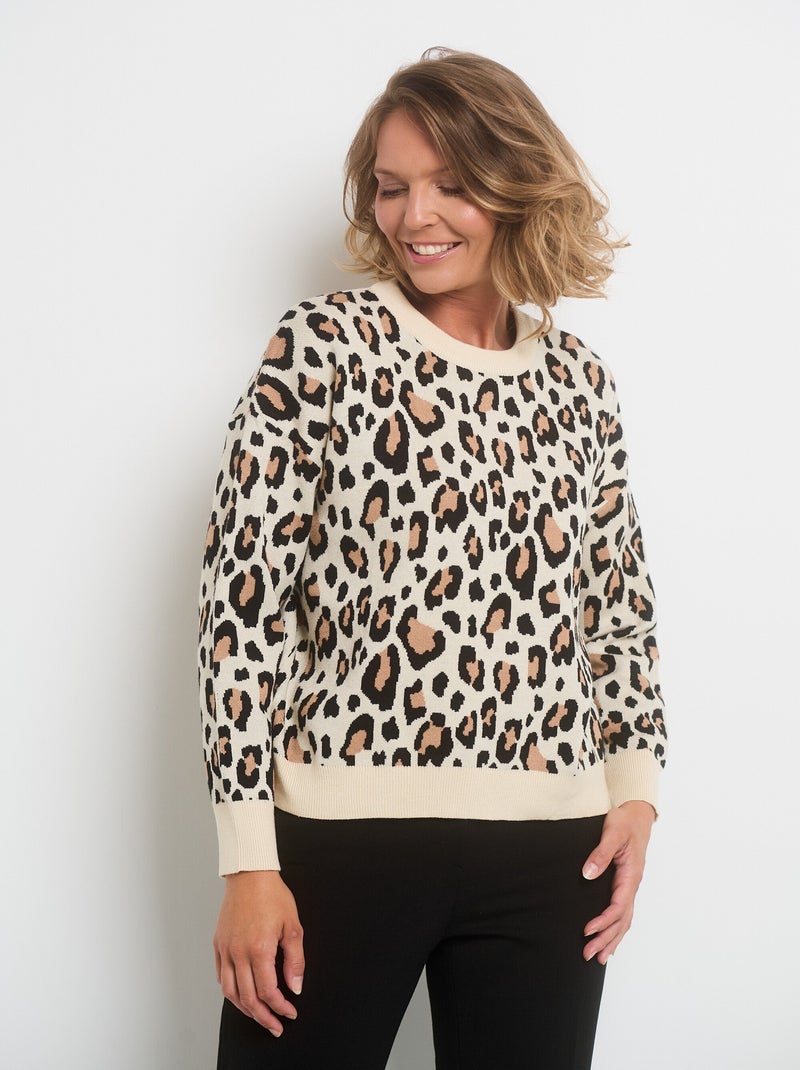 Pull léopard col rond manches longues Beige/Noir - Kiabi