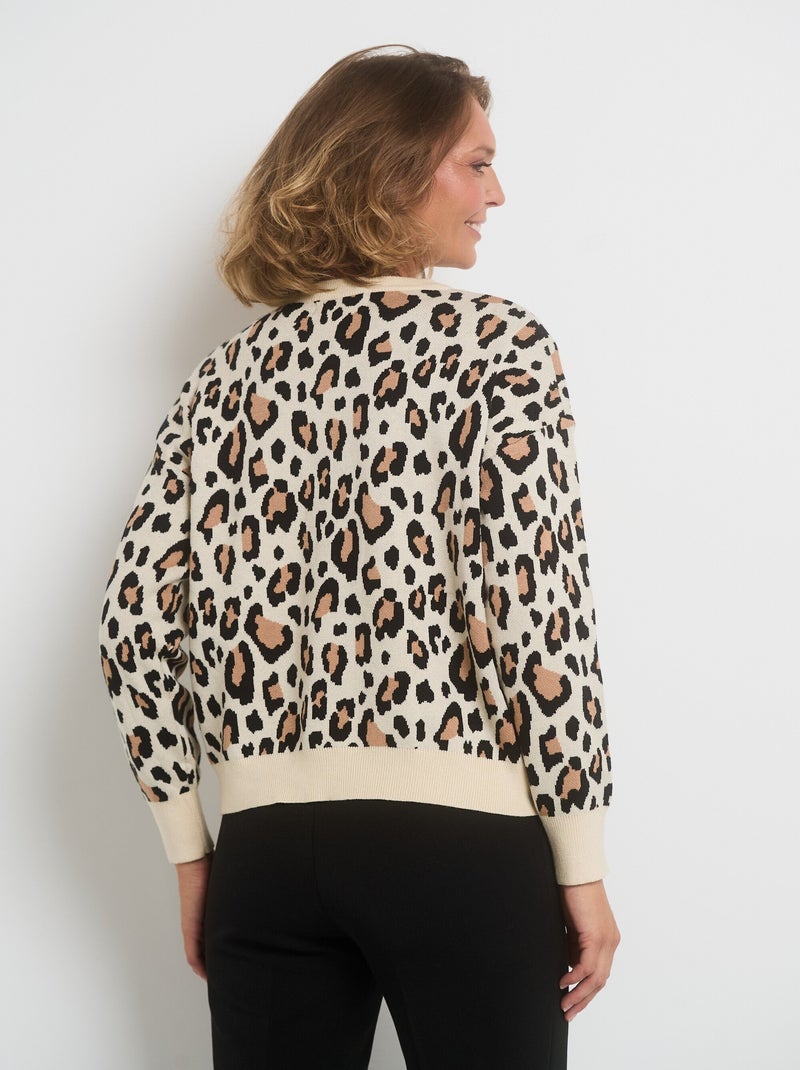 Pull léopard col rond manches longues Beige/Noir - Kiabi
