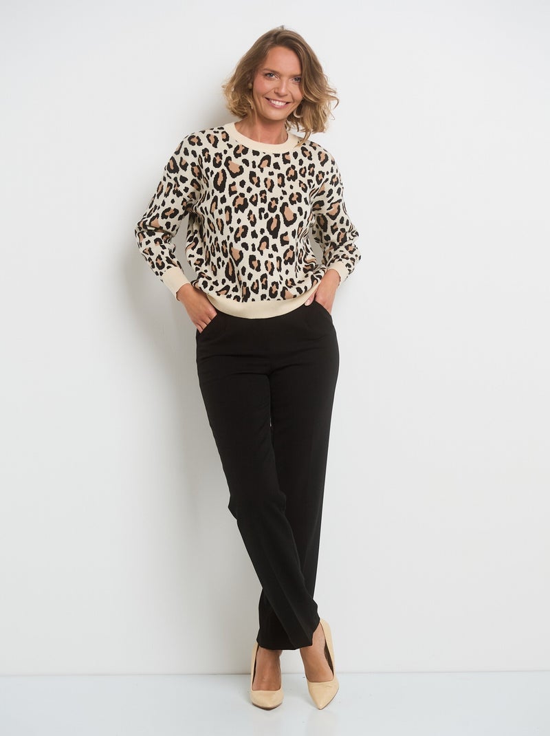 Pull léopard col rond manches longues Beige/Noir - Kiabi