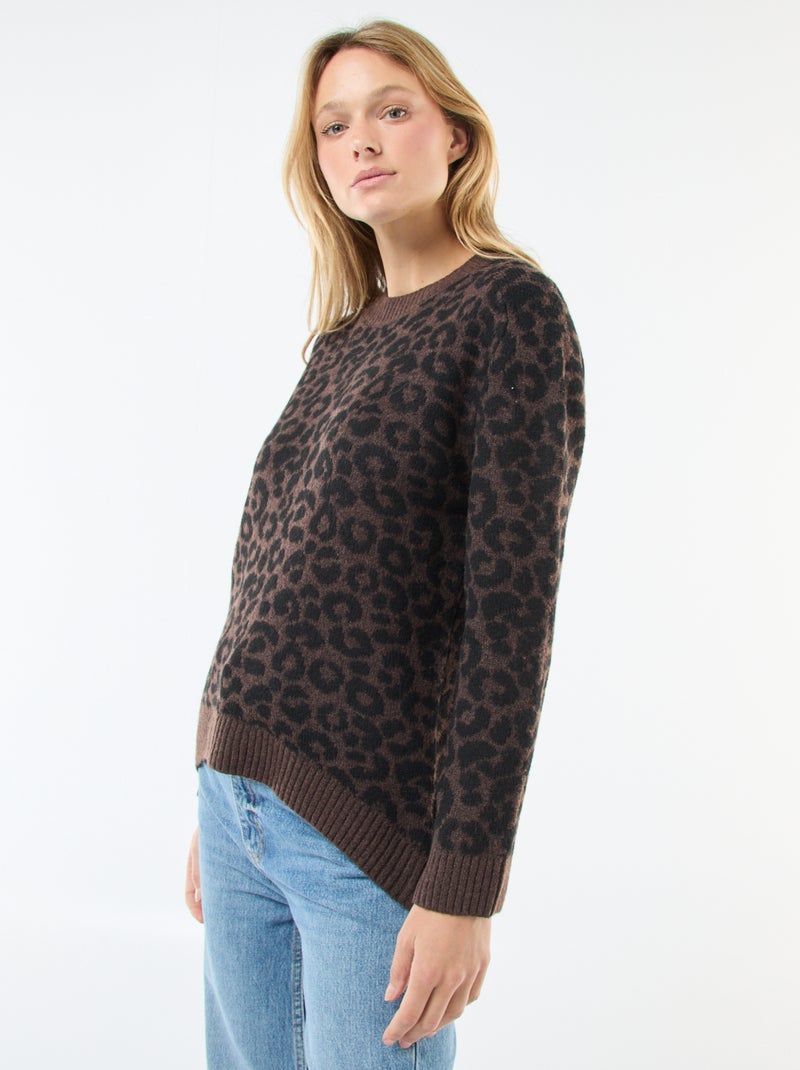 Pull léopard col rond Marron - Kiabi