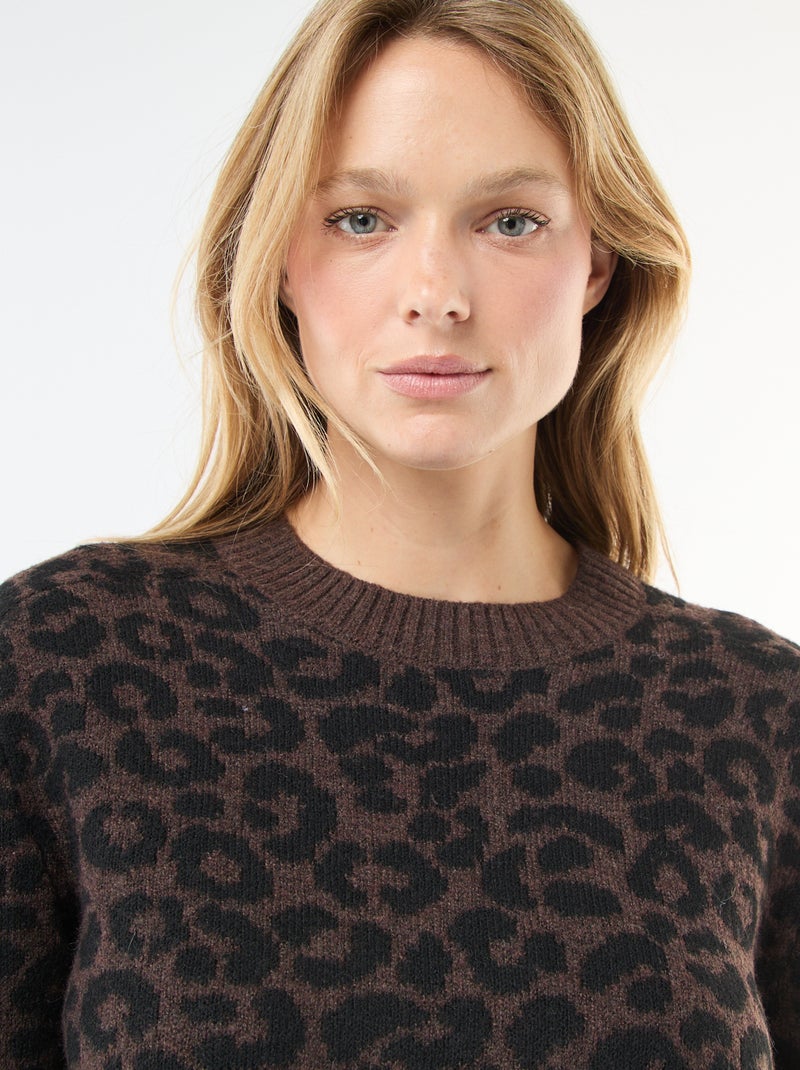 Pull léopard col rond Marron - Kiabi