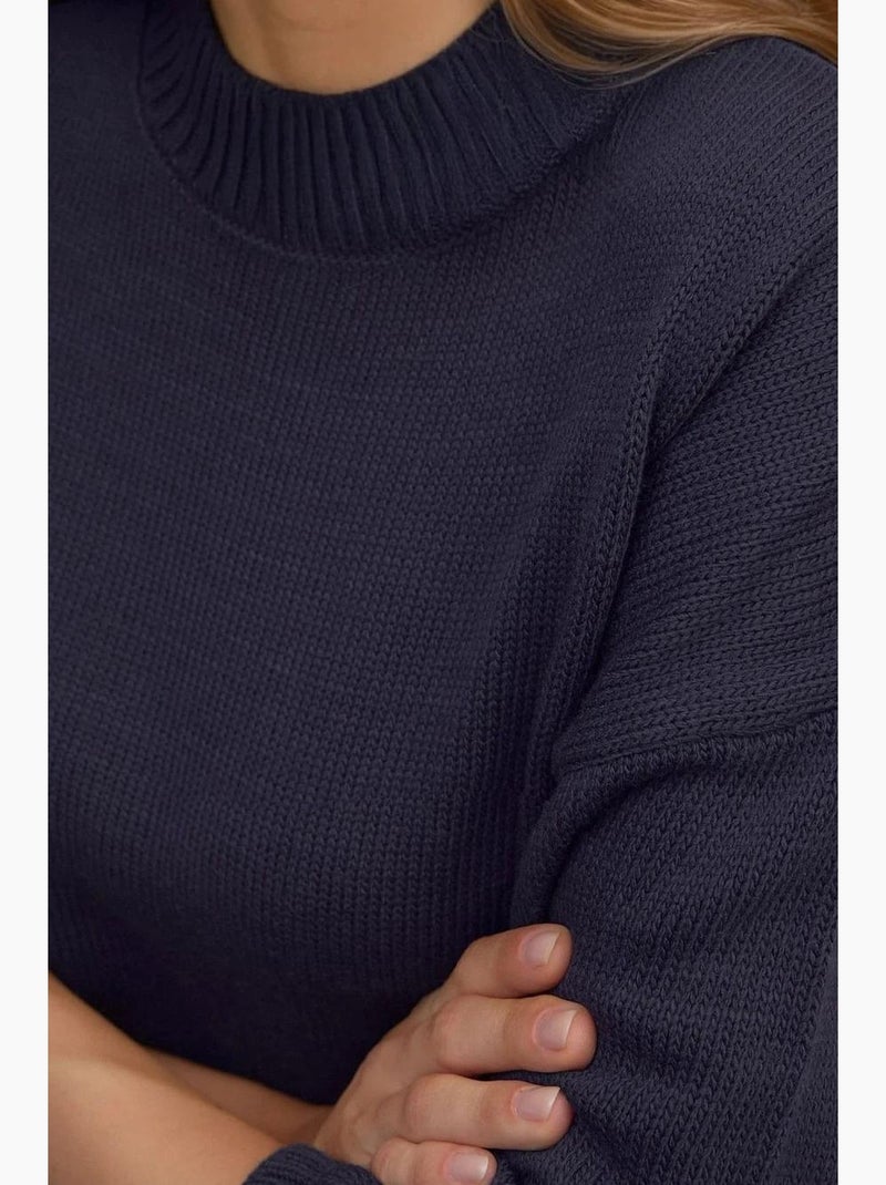 Pull long à col ras du cou en tricot épais hiccup Bleu foncé - Kiabi
