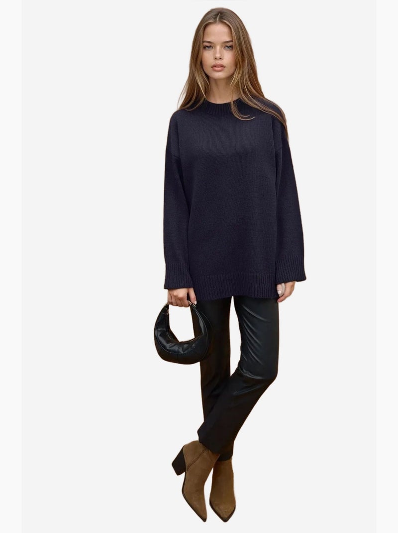 Pull long à col ras du cou en tricot épais hiccup Bleu foncé - Kiabi