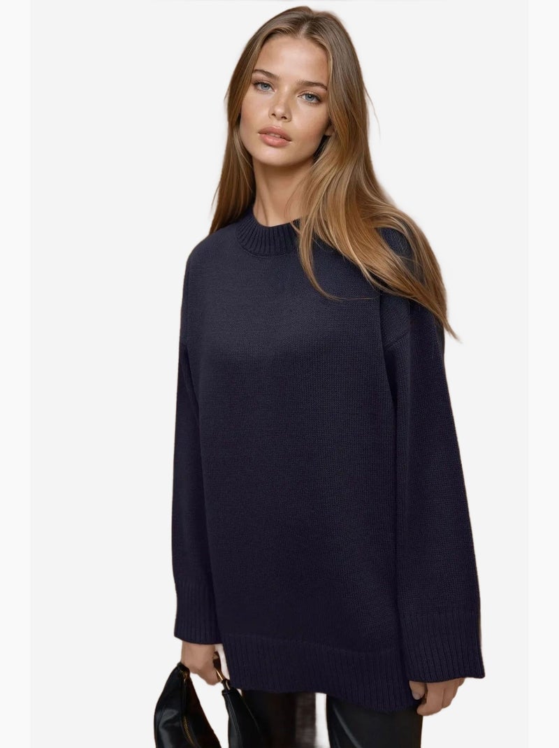 Pull long à col ras du cou en tricot épais hiccup Bleu foncé - Kiabi