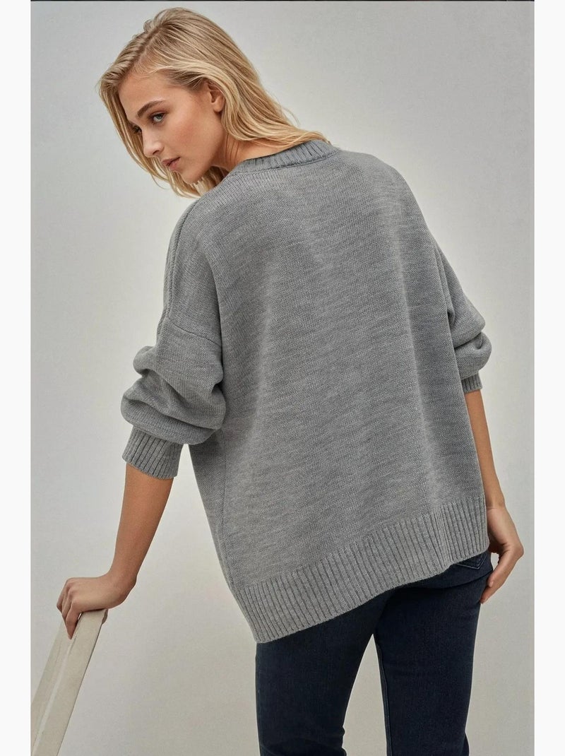 Pull long à col ras du cou en tricot épais hiccup Gris - Kiabi