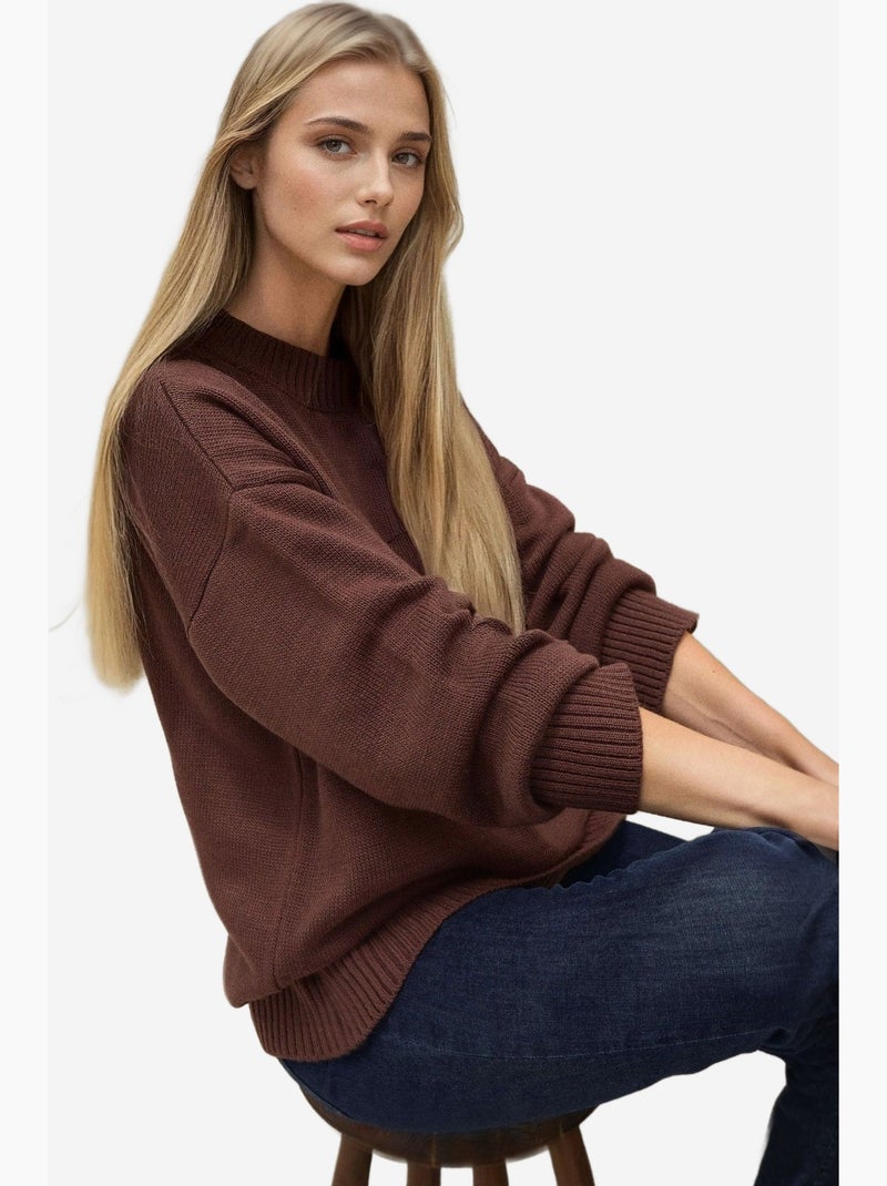 Pull long à col ras du cou en tricot épais hiccup Marron chocolat - Kiabi