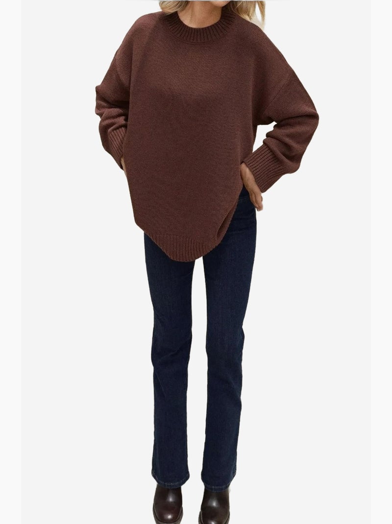 Pull long à col ras du cou en tricot épais hiccup Marron chocolat - Kiabi