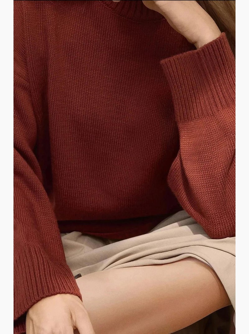 Pull long à col ras du cou en tricot épais hiccup Marron foncé - Kiabi