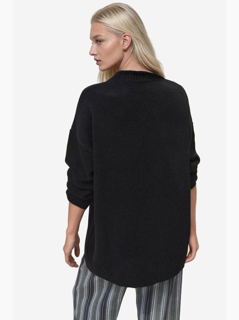 Pull long à col ras du cou en tricot épais hiccup Noir - Kiabi