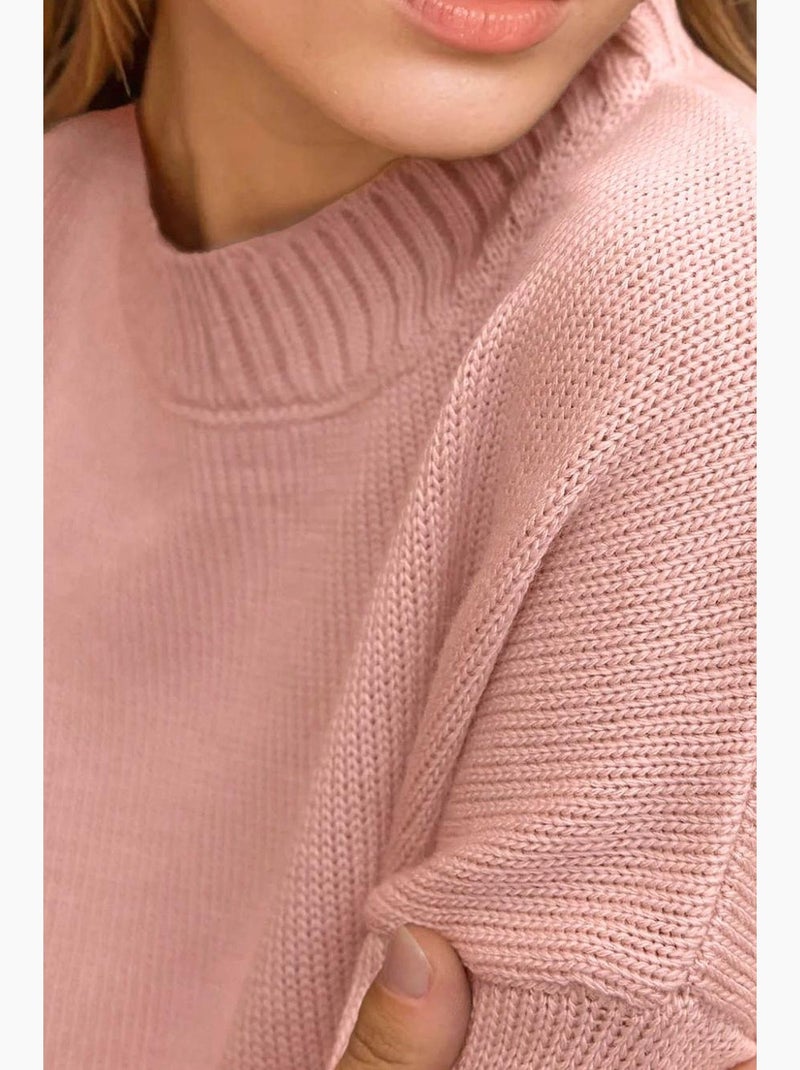 Pull long à col ras du cou en tricot épais hiccup Rose pâle - Kiabi