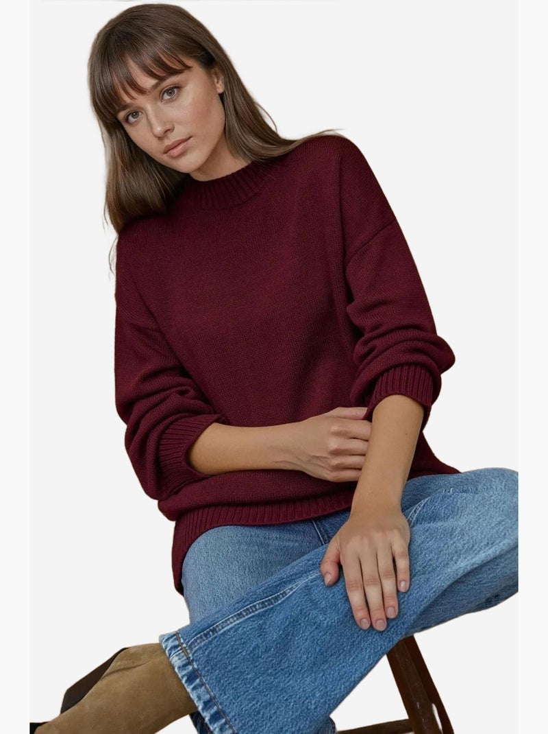 Pull long à col ras du cou en tricot épais hiccup Rouge bordeaux - Kiabi