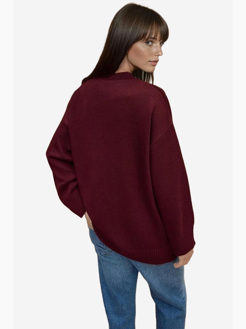 Pull long à col ras du cou en tricot épais hiccup Rouge bordeaux - Kiabi